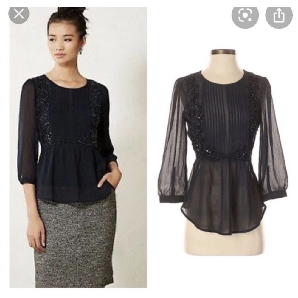 Anthropolgie Maeve Navy Embellished Peplum Top